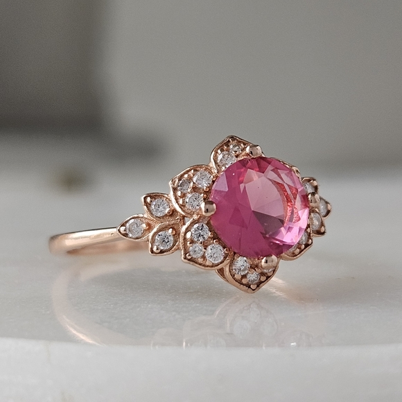Pink Gemstone Flower ring, 925 Sterling Silver, 18k rose gold Charmed Aroma - Picture 2 of 15